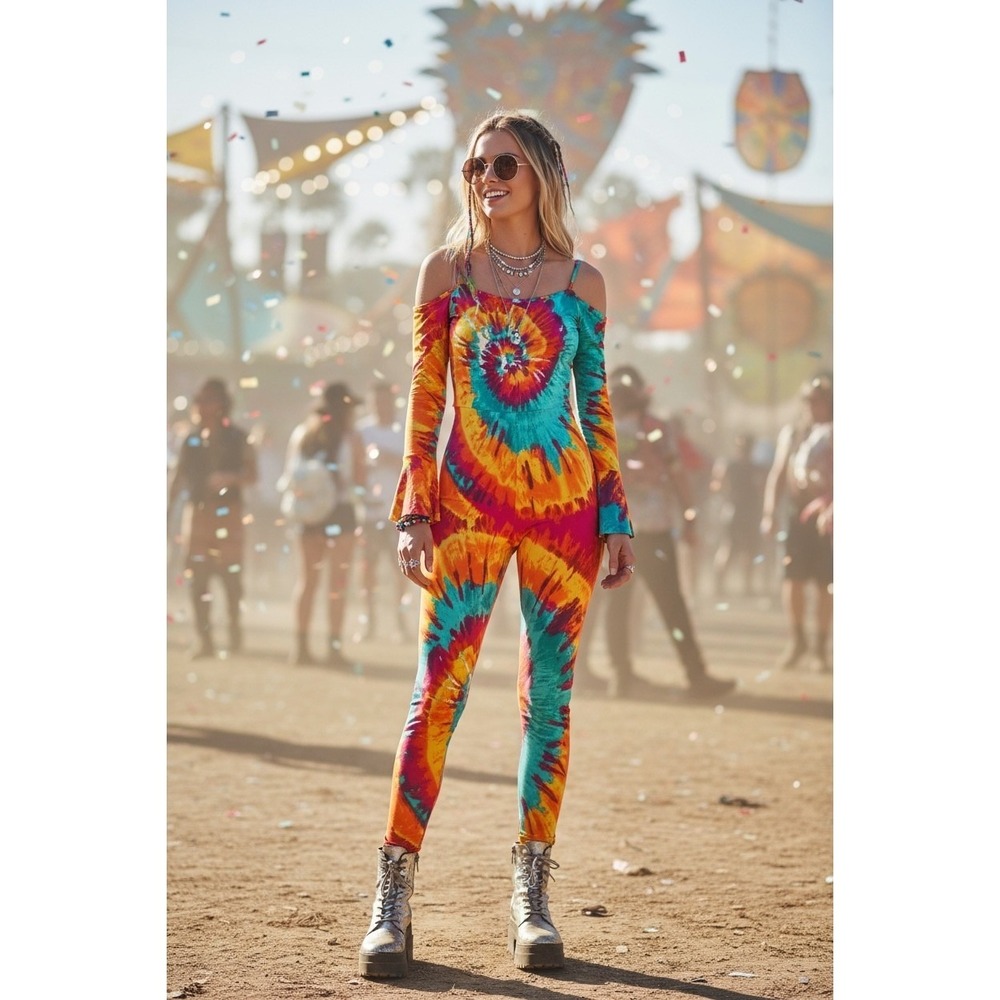Rave Tie Dye Jumpsuit Womens M Off Shoulder Bell Sleeve‎ Festival Art To Wear